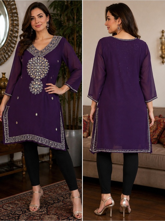 Tops - Made in India Embellished Purple Tunic Dress‎ Top 2XL Beaded Sequin Sheer Sleeve